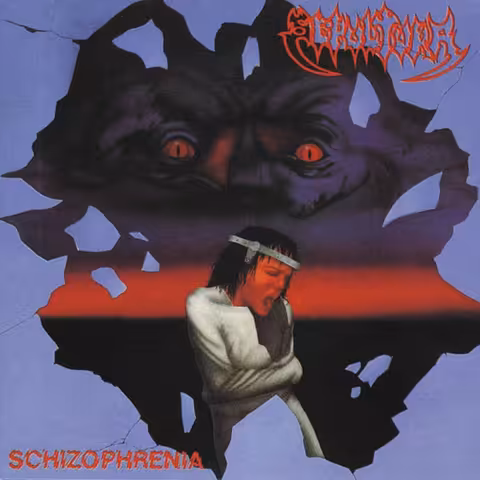 Ibsen Otoni's cover for Sepultura's Schizophrenia, showing a long-haired man in a straitjacket bursting through a broken window beneath a red-eyed cloud face in a crepuscular Brazilian sky.