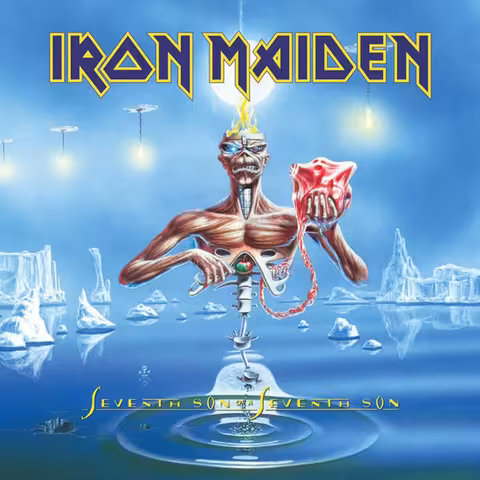 Cover of Iron Maiden's Seventh Son of a Seventh Son, a 1988 EMI release with painting by Derek Riggs showing Eddie split in two above an icy landscape, holding a baby and an apple with a yin-yang.