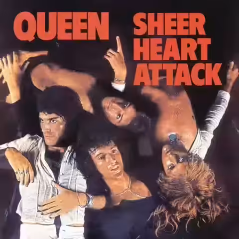 Front cover of Sheer Heart Attack by Queen, the band photographed by Mick Rock in sweat-glistened greasepaint above the album title.