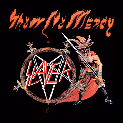 Front cover of Show No Mercy by Slayer, with the Baphomet sigil holding a sword and the inverted-cross Slayer logo by Steve Craig.