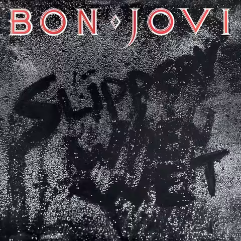 The final Slippery When Wet sleeve: the album title finger-drawn in beads of water on a wet black bin-liner, with the Bon Jovi logo in red above it.