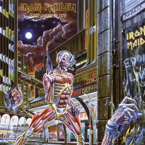 Front cover of Somewhere in Time by Iron Maiden, with Derek Riggs cyborg Eddie in a Blade Runner cityscape