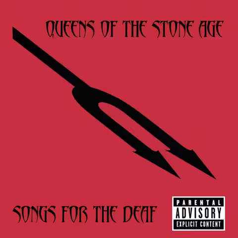 Front cover of Songs for the Deaf by Queens of the Stone Age, the red Q logo on a black sleeve released by Interscope in August 2002.