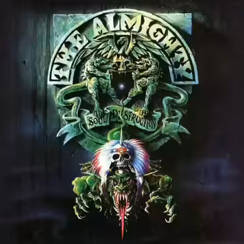 Front cover of Soul Destruction by The Almighty, showing the rebellious 1991 sleeve designed by Koot.