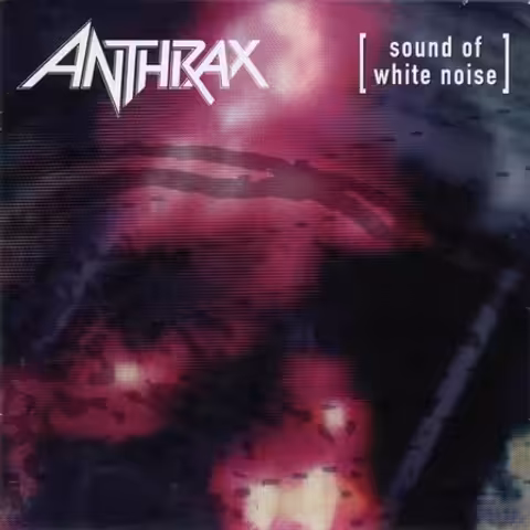 Front cover of Anthrax's Sound of White Noise, a stark close-up portrait dominated by Don Brautigam's grey-and-blue tonal palette with the band logo at the top.