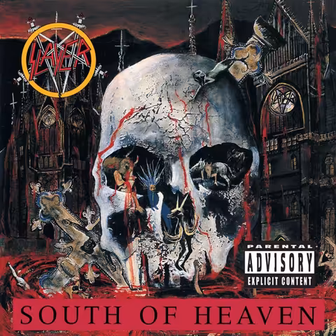 Front cover of Slayer's South of Heaven (1988), Larry Carroll illustration built around the KNM-ER 1470 archaic human skull