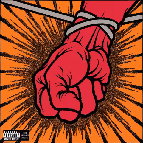 Cover artwork of Metallica's St. Anger showing a clenched fist wrapped in barbed wire on a red background, designed by Pushead
