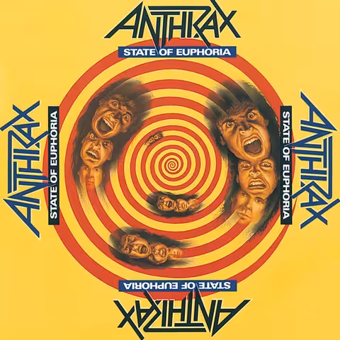 Front cover of Anthrax's State of Euphoria, a chaotic full-bleed illustration of a crowded urban scene rendered in the band's late-Eighties Not Man style.
