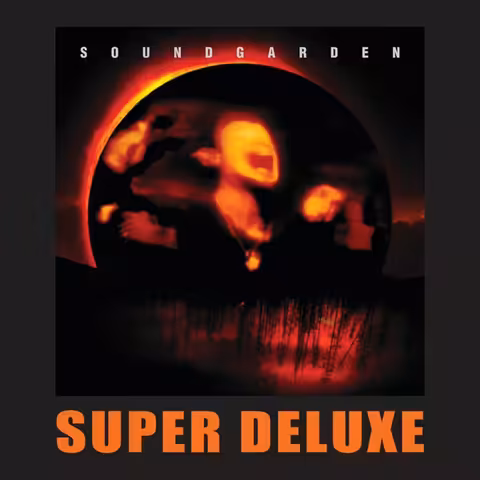 Front cover of the 20th-anniversary Super Deluxe edition of Superunknown by Soundgarden, showing Kevin Westenberg's "Screaming Elf" distorted band photograph above an upside-down burning forest.
