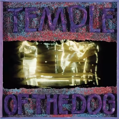 Front cover of Temple of the Dog, a sepia-toned photograph by Lance Mercer of a small ornamental dog statuette positioned on a tabletop, with the band name set above in dark serif type.