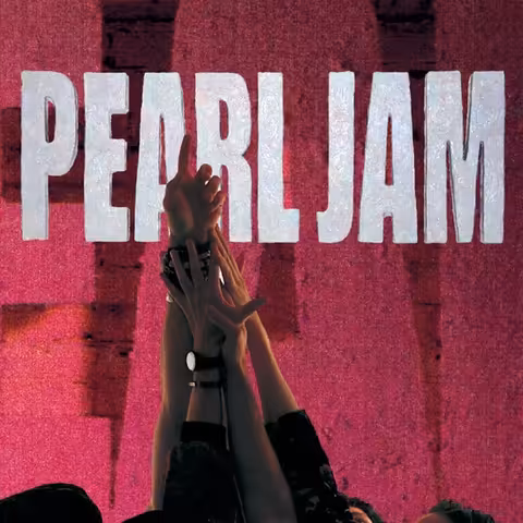 Front cover of Pearl Jam's debut album Ten, a posed photograph by Lance Mercer of the five band members standing in front of a hand-built wooden cut-out of the band's name, their arms raised and joined hands meeting overhead, against a deep purple wash.