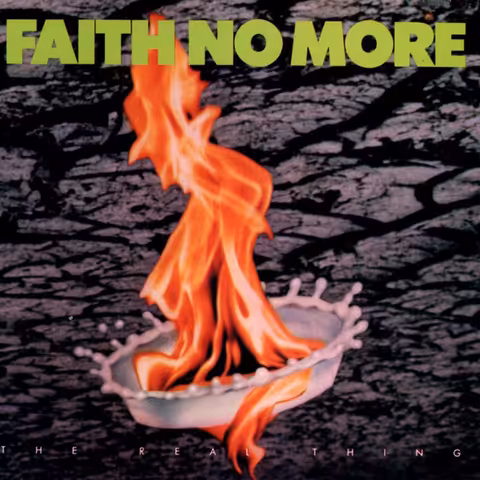 Front cover of The Real Thing by Faith No More, showing the burning man diving into a sea of fire that became the album's defining image.