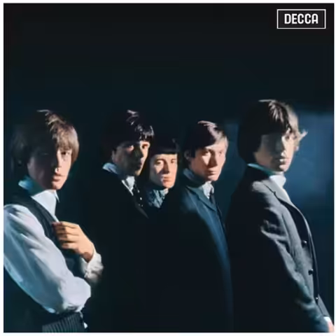 Front cover of the 1964 debut album The Rolling Stones, Nicholas Wright's half-shadowed group portrait of Brian Jones, Mick Jagger, Keith Richards, Charlie Watts and Bill Wyman with no title or band name printed on the sleeve.