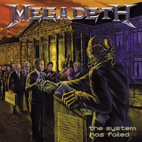 Front cover of The System Has Failed by Megadeth, with Mike Learn's illustration of Vic Rattlehead selling a not-guilty verdict to President George W. Bush outside the Supreme Court.