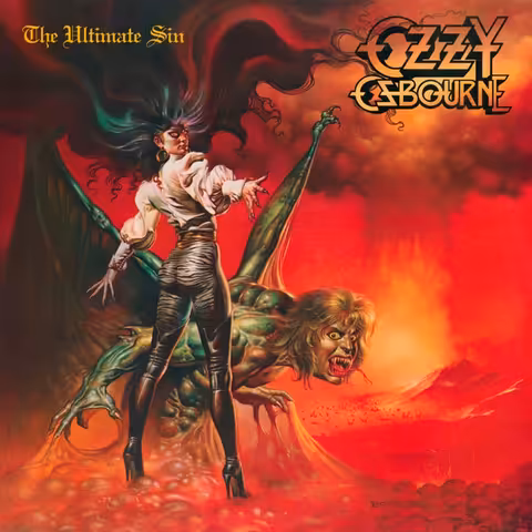 Front cover of The Ultimate Sin by Ozzy Osbourne, featuring Boris Vallejo's painting of a sword-wielding angelic figure straddling a horned demon against a blood-red sky.