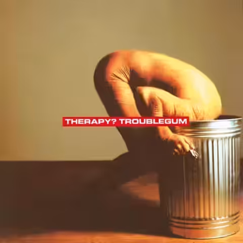 Front cover of Troublegum by Therapy?, the 1994 A&M Records release with its trademark green sleeve.
