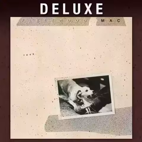 Front cover of Tusk by Fleetwood Mac, showing Ken Caillat dog Scooter biting a trouser leg in a polaroid by Peter Beard