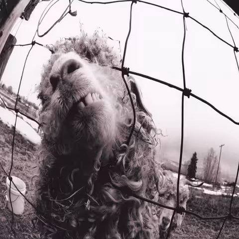 Black-and-white photograph by Jeff Ament of an angora goat from Lifeline Farm in Victor, Montana, used as the cover art for Pearl Jam's Vs.