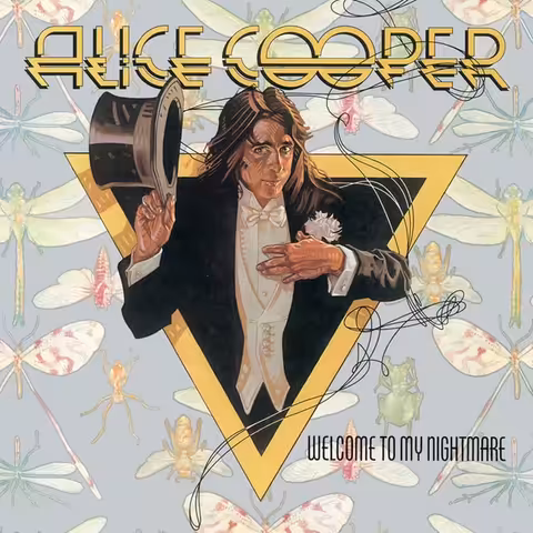Drew Struzan's cover for Welcome to My Nightmare: a top-hatted, ghostly white-faced Alice Cooper in a black tuxedo, lit as if by stage spotlights against an inky black backdrop.