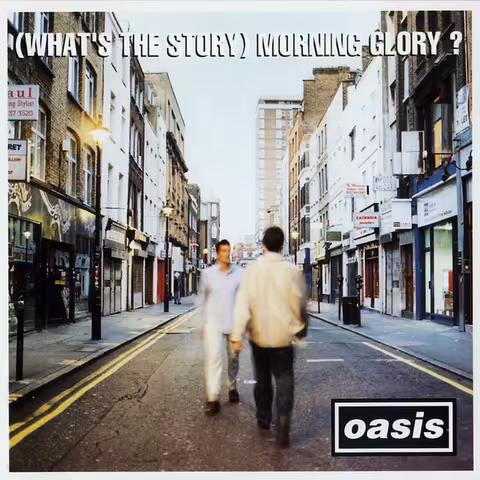 Front cover of the deluxe remastered edition of (What's the Story) Morning Glory? by Oasis, showing Berwick Street in Soho photographed by Michael Spencer Jones with sleeve design by Brian Cannon of Microdot.