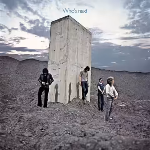 Front cover of Who's Next by The Who, the band photographed by a concrete pillar protruding from a Derbyshire slag heap