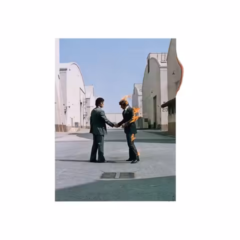 Front cover of Pink Floyd's Wish You Were Here, designed by Hipgnosis: two businessmen shaking hands in a Burbank back-lot car park while one of them is on fire.