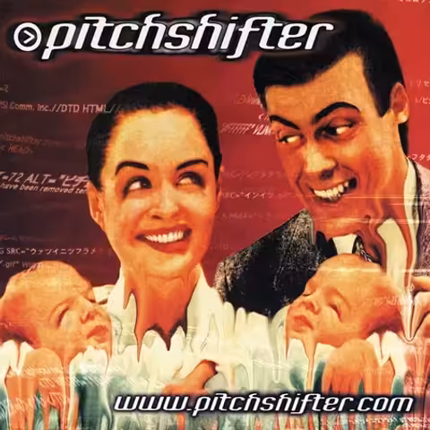 Album cover of www.pitchshifter.com by Pitchshifter, a glitch-distorted 1946 Eversharp pen advertisement overlaid with computer code.