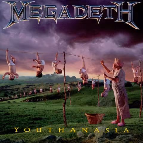 Front cover of Megadeth's 1994 album Youthanasia, designed by Hugh Syme, showing an elderly woman pegging swaddled babies by their feet on a clothesline that stretches across a barren landscape.