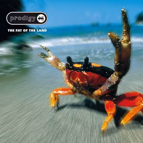 Front cover of The Fat of the Land by The Prodigy showing the bright red Christmas Island crab on a textured background.