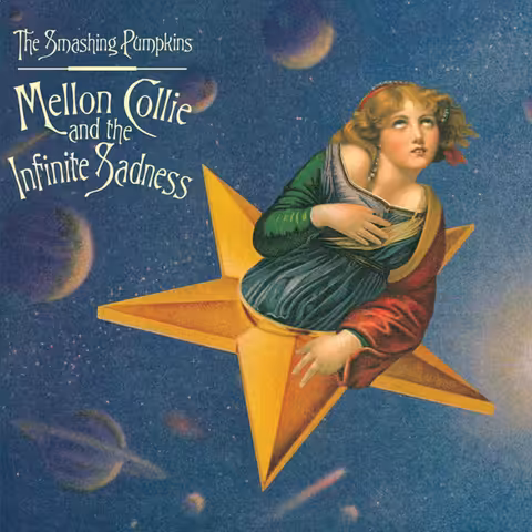 Front cover of Mellon Collie and the Infinite Sadness by The Smashing Pumpkins, a John Craig collage of a woman on a starry blue field