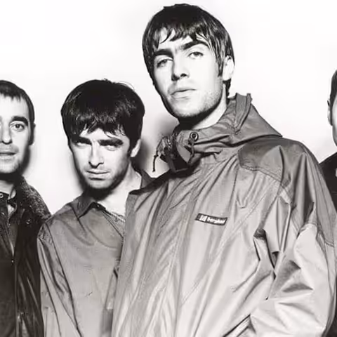 Oasis pictured as a five-piece in 2016, the lineup of Liam Gallagher, Noel Gallagher, Bonehead, Gem Archer and Andy Bell that would reform for the 2025 reunion tour