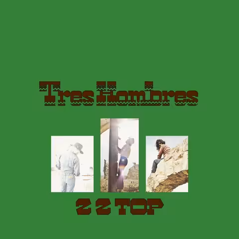 Front cover of ZZ Top's Tres Hombres, showing the album title and band name in stencilled Old-West block lettering across a parchment-coloured field above a sepia-toned border.