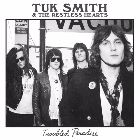 Cover artwork for Troubled Paradise by Tuk Smith & The Restless Hearts: a faded sun-bleached photograph of a coastal motel sign rendered in worn pastel pinks and blues.
