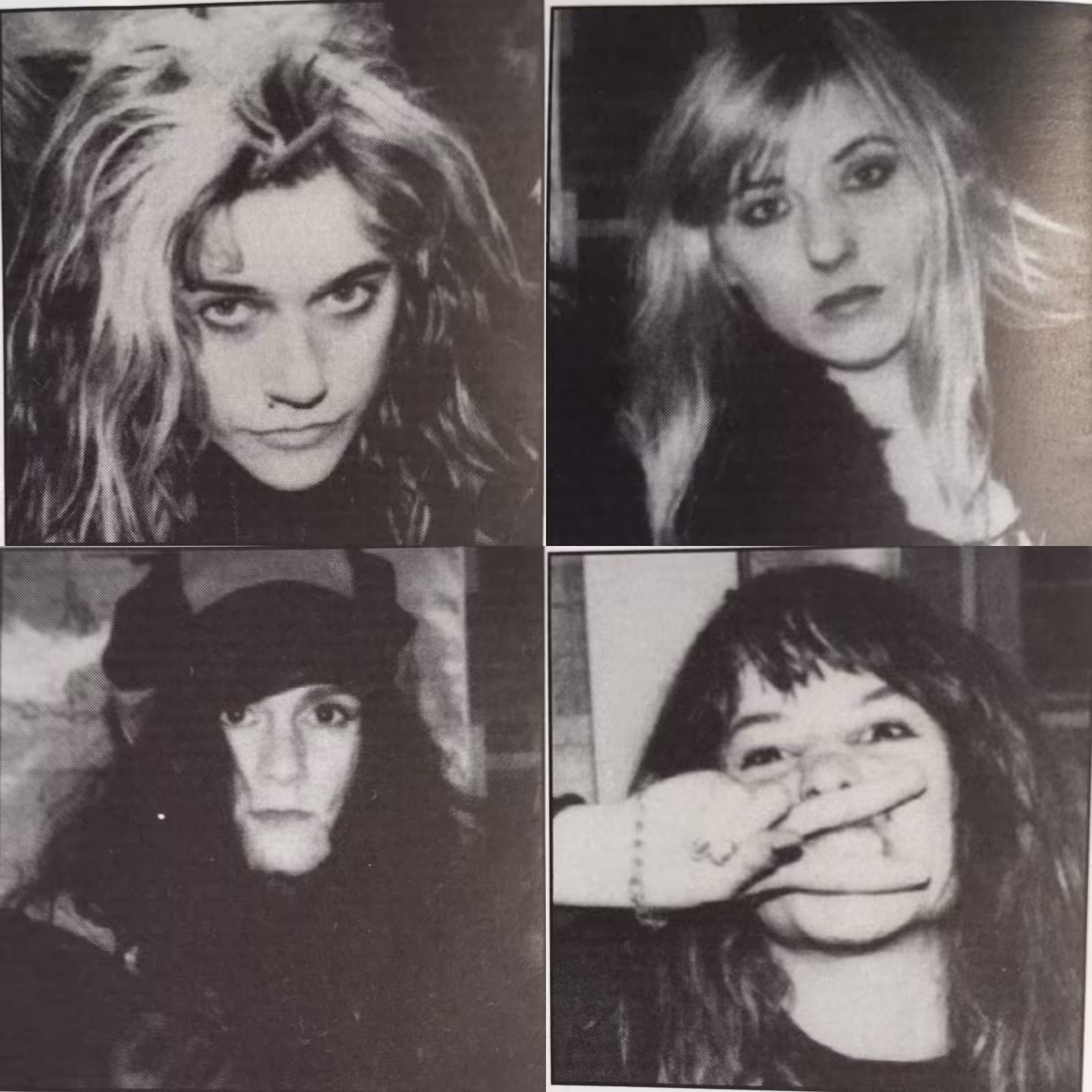 Black-and-white four-panel portrait of the members of L7.
