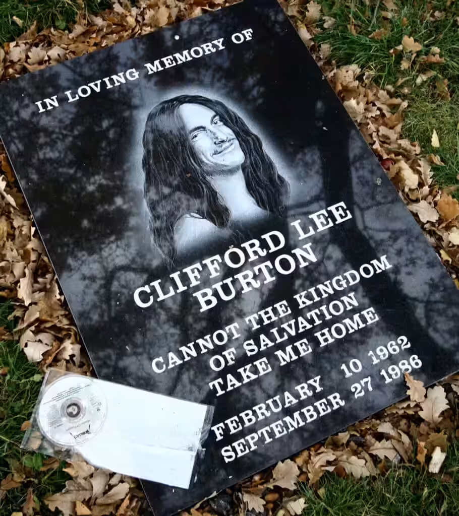 The Cliff Burton memorial stone near the crash site in Sweden.