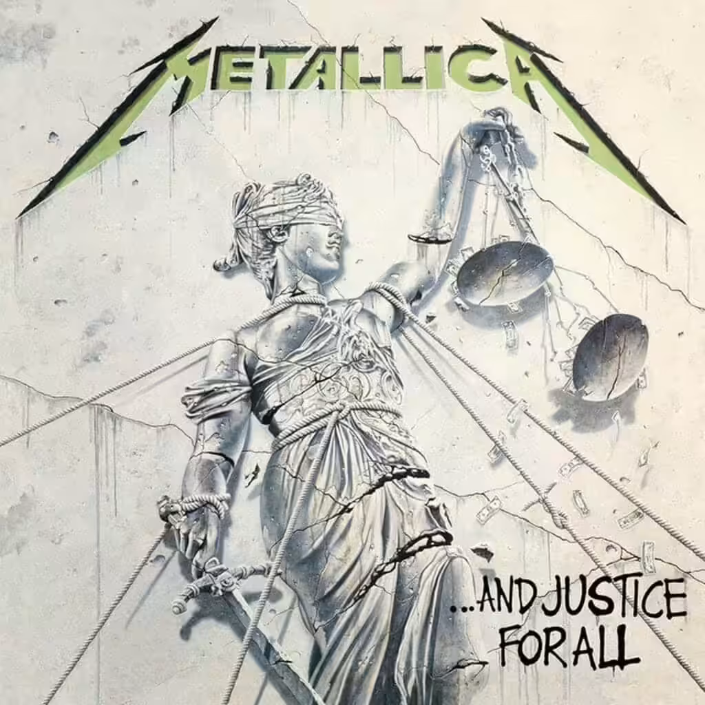 The cover of And Justice for All by Metallica, a toppling statue of Lady Justice.