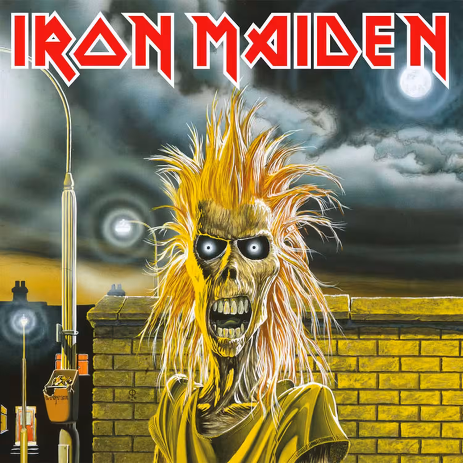 The 1980 self-titled Iron Maiden debut album cover, with Eddie the Head looming over a Victorian East End street under a blood-red sky.