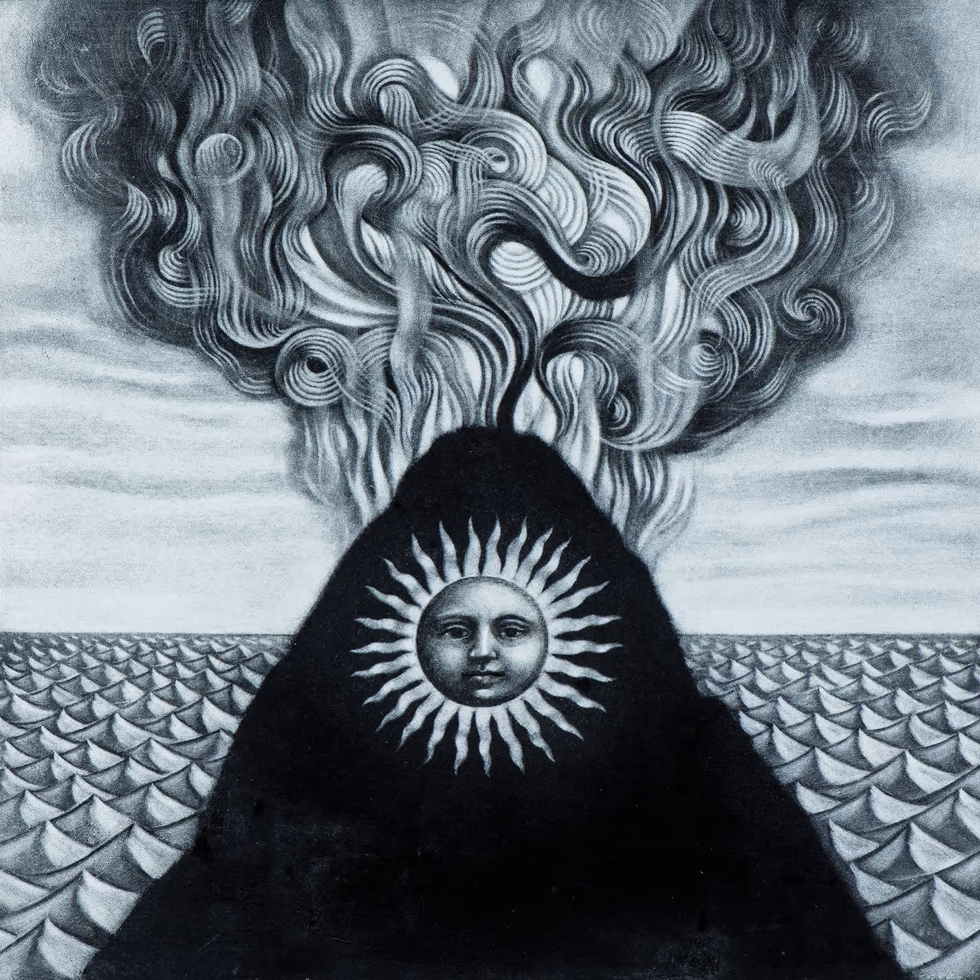 Front cover of Magma: a monochrome engraving style illustration of a black triangular volcano rising from a stylised sea, a sun disc with a calm human face set into its slope, and a huge plume of curling smoke filling the sky.