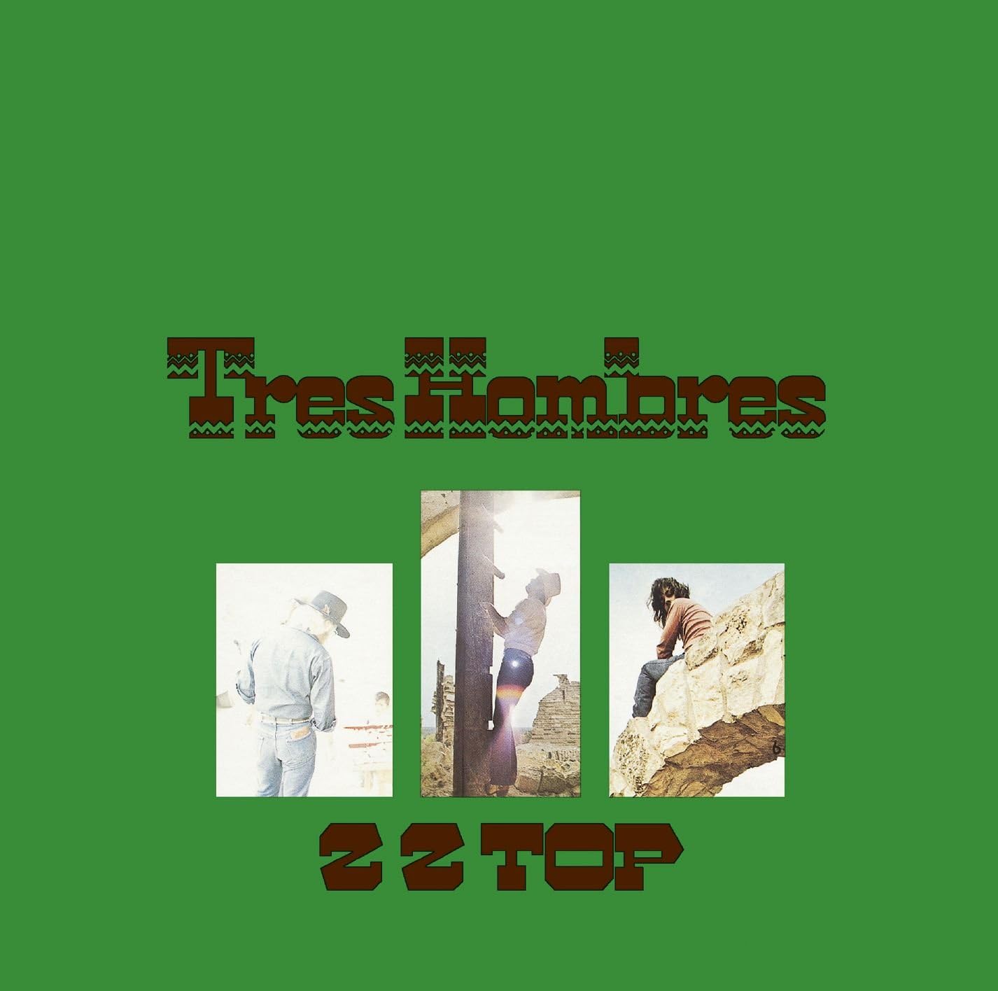 Front cover of ZZ Top's Tres Hombres, showing the album title and band name in stencilled Old-West block lettering across a parchment-coloured field above a sepia-toned border.